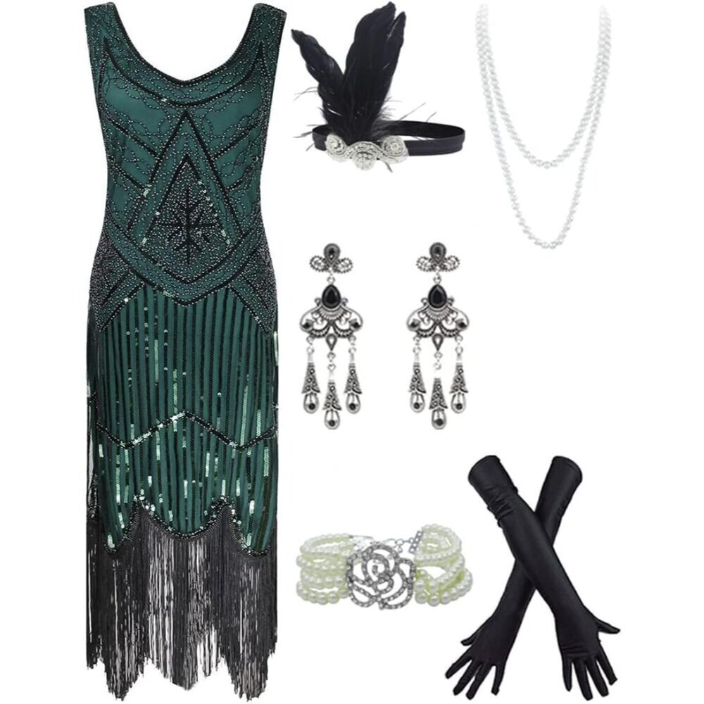 1920s Flapper Dress Sequin Beaded Satin Party Costume with Accessories Set